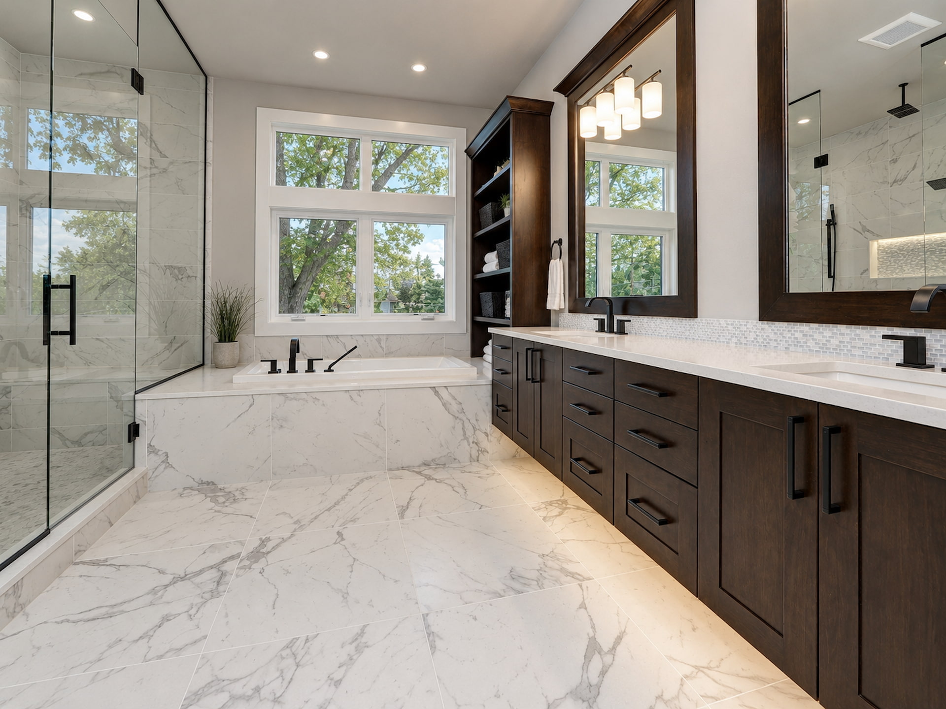 Master bathroom remodel with dark walnut vanity, marble tile, and walk-in shower, Sioux Falls SD