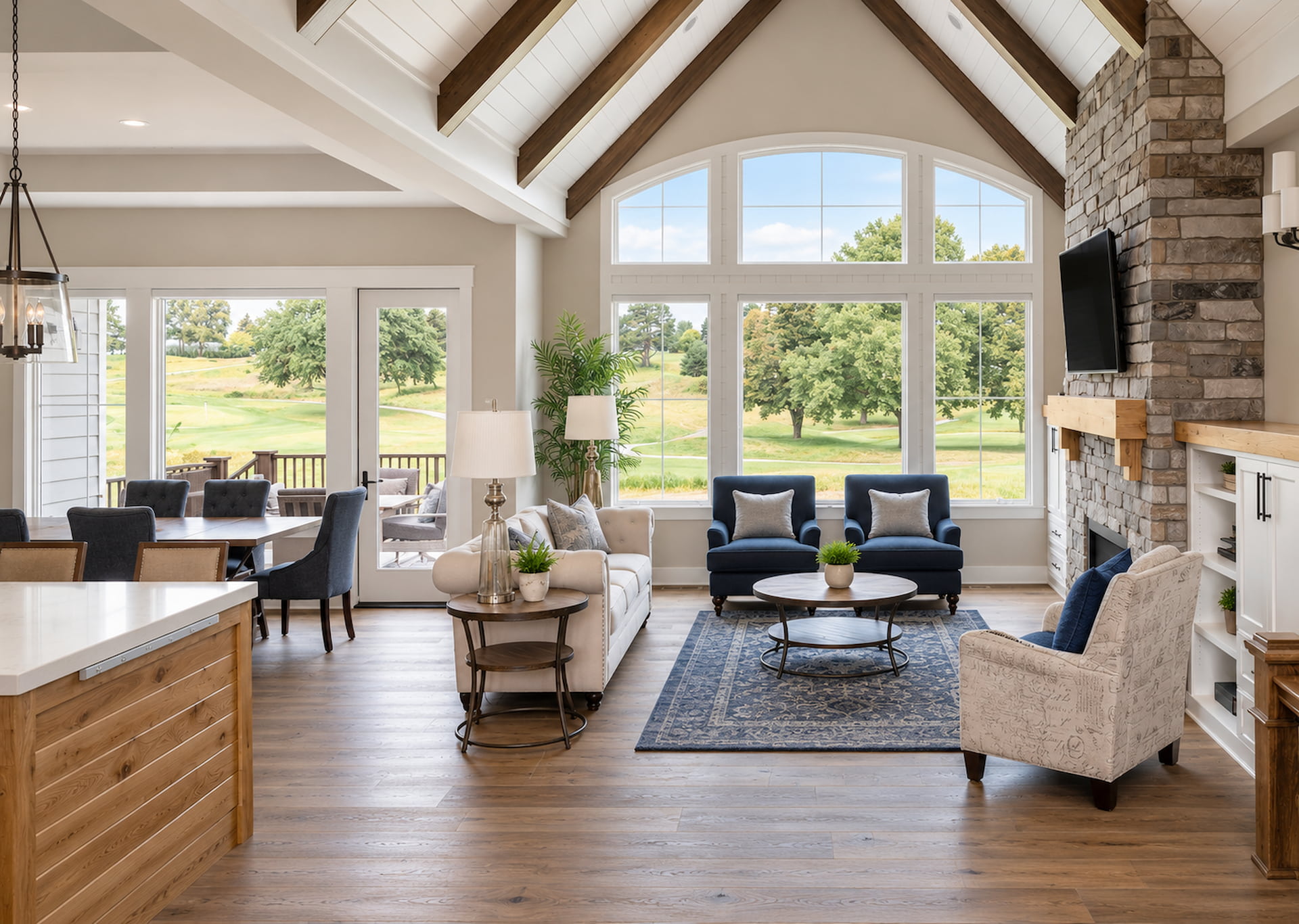 New build open concept great room with exposed wood beams, vaulted ceiling, and large windows, Sioux Falls South Dakota