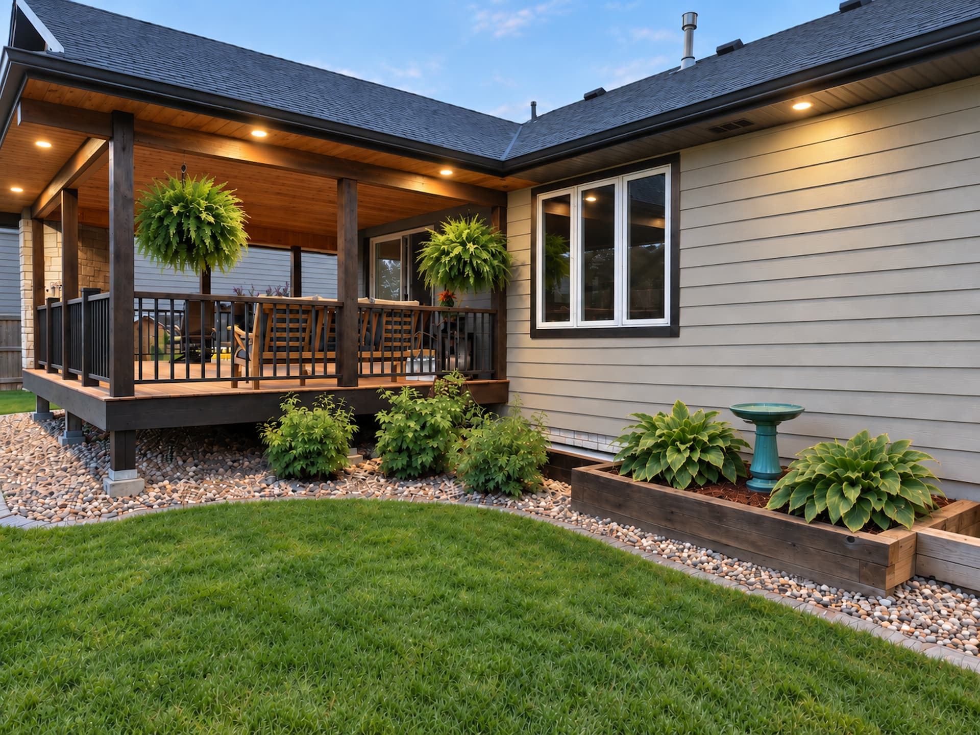 Custom covered deck with recessed lighting, custom railing, and cedar plank ceiling built by Qualified Carpentry in Sioux Falls South Dakota