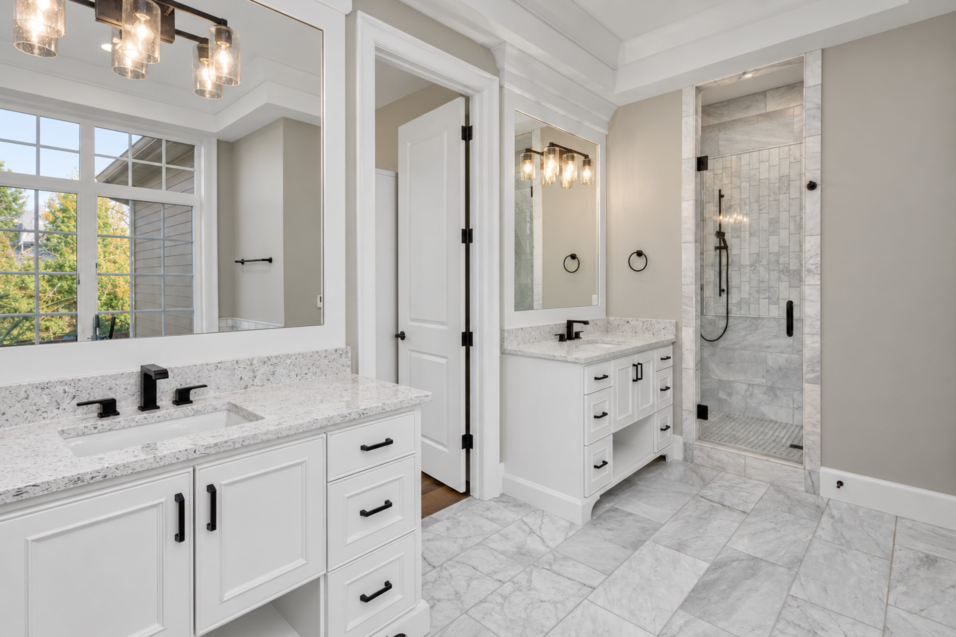 Master bathroom remodel with dual vanity, marble tile, and walk-in shower, Sioux Falls South Dakota