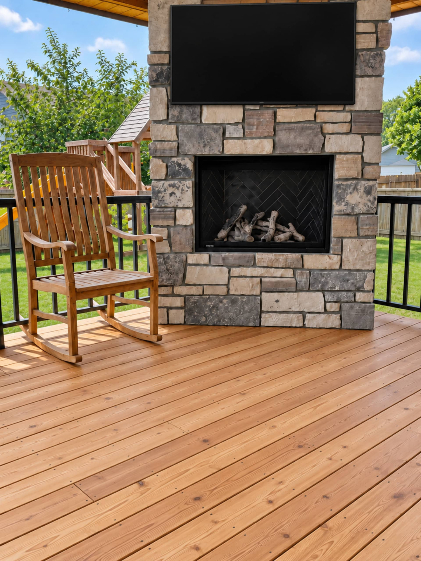 Custom covered deck with stone fireplace and cedar ceiling built by Qualified Carpentry in Sioux Falls SD