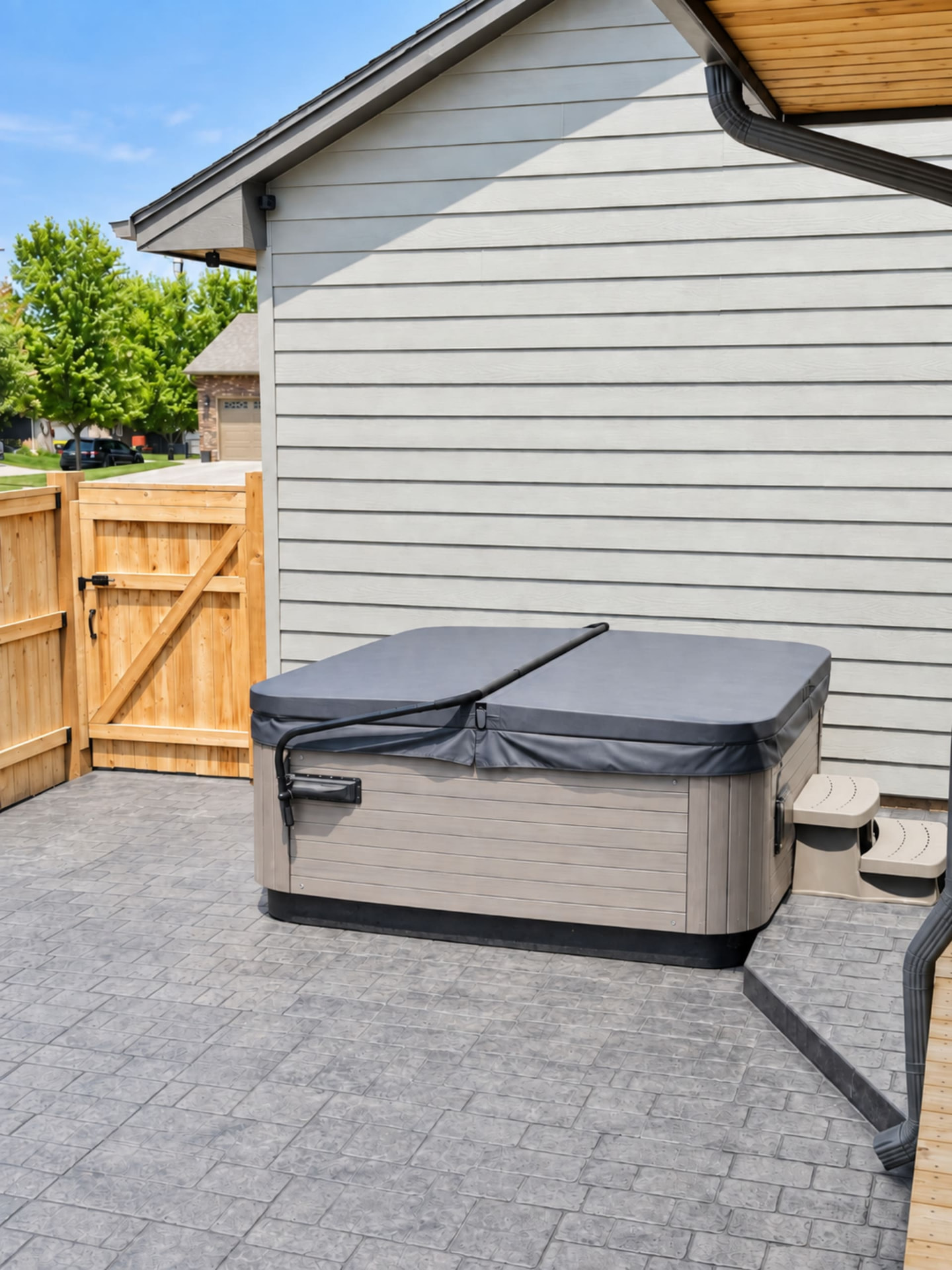 Stamped concrete patio with hot tub integration and covered deck built by Qualified Carpentry in Sioux Falls South Dakota