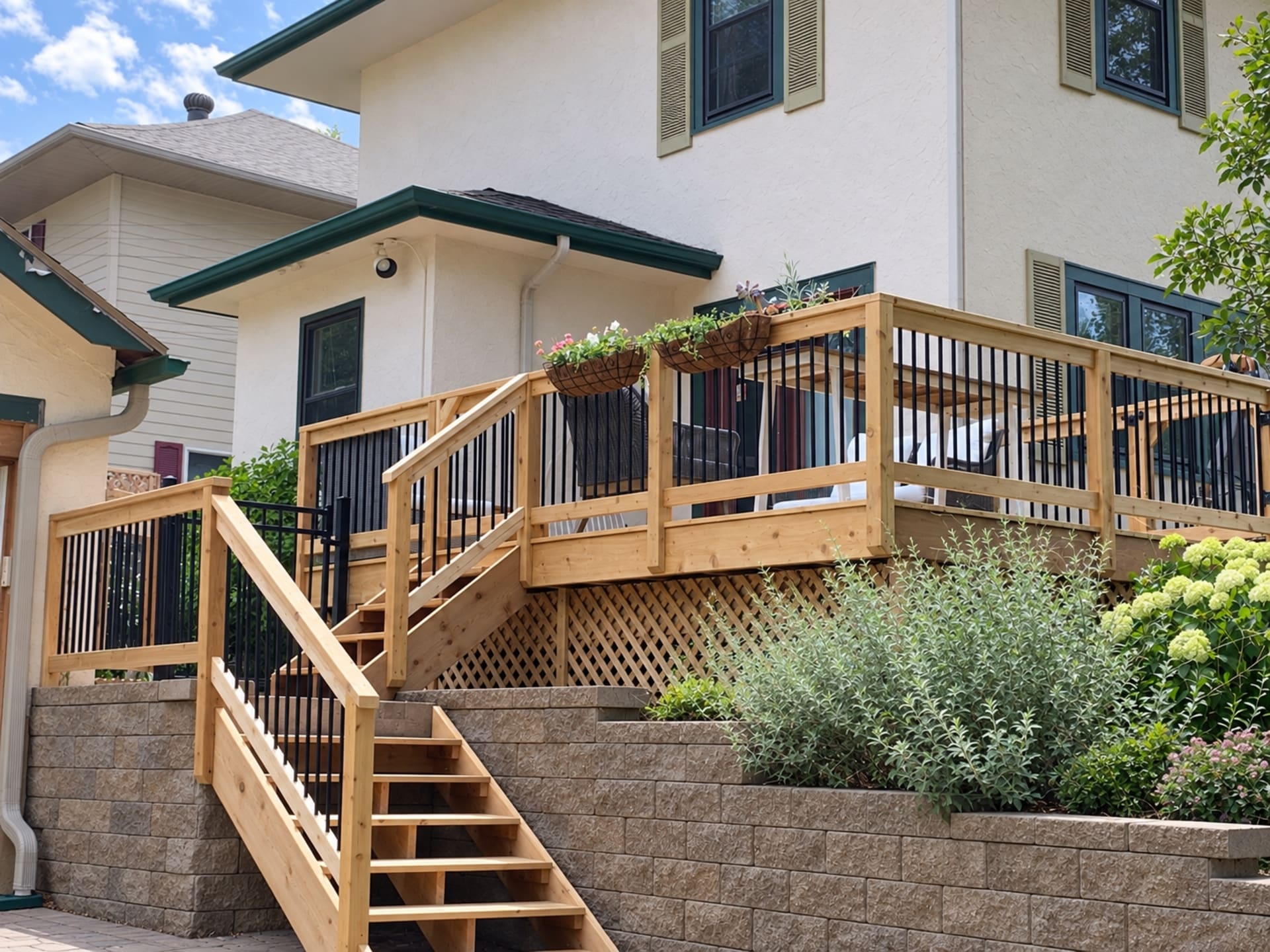 Custom cedar deck with black metal railing, staircase, and flower box planters built by Qualified Carpentry in Sioux Falls South Dakota
